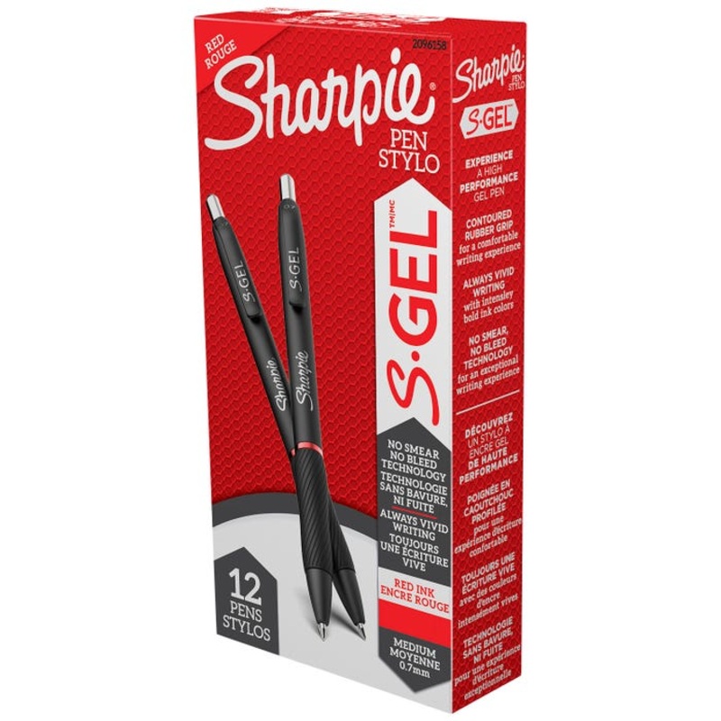 Sharpie S-Gel Pens, Medium Point, 0.7 mm, Red Ink, Pack of 12