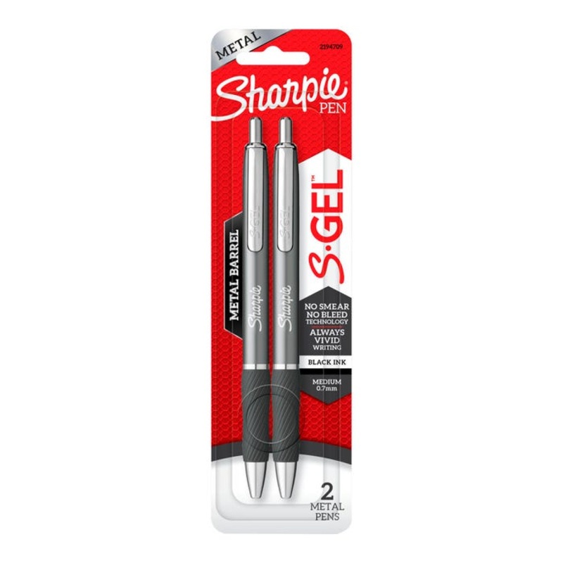 Sharpie S-Gel Pens, Medium Point, 0.7mm, Gunmetal Grey Metal Barrel, Black Ink, Set of 2