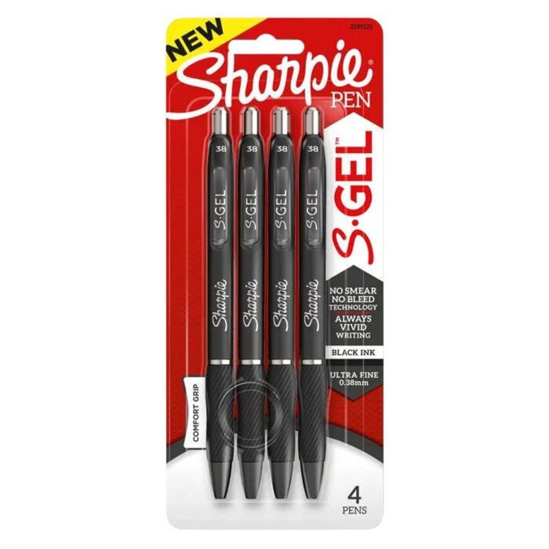 Sharpie S-Gel Pens, Ultra Fine Point, 0.38mm, Black, Set of 4