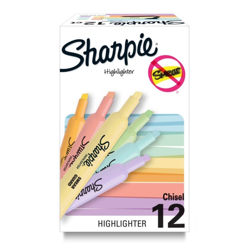 Sharpie Tank Highlighters, Chisel Tip, Assorted Mild Pastel Colors, Pack of 12