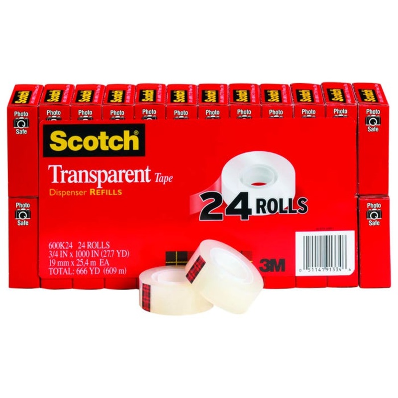 Scotch 600 Transparent Tape, 0.75 x 1000 Inches, Glossy, Pack of 24