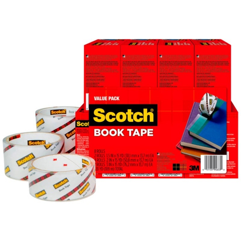 Scotch 845 Book Tape, Assorted Widths, 3 Inch Core, Crystal Clear, Pack of 8