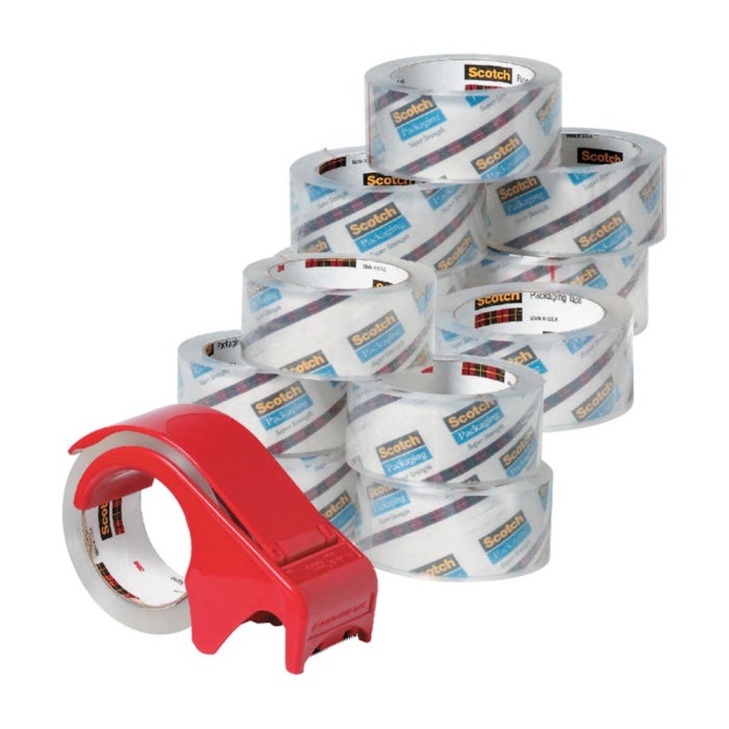 Scotch Commercial Grade Shipping Packaging Tapes, 1.88 Inches x 54.6 Yards, Clear, Set of 12 Rolls and 1 Dispenser