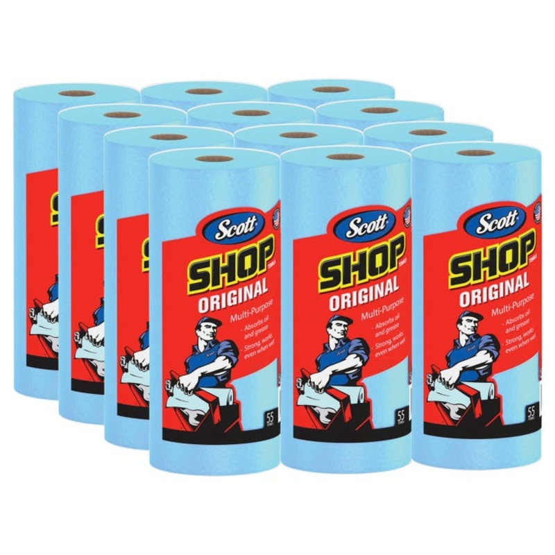 Scott Shop Roll Towels, 55 Sheets, Blue, Carton of 12 Rolls