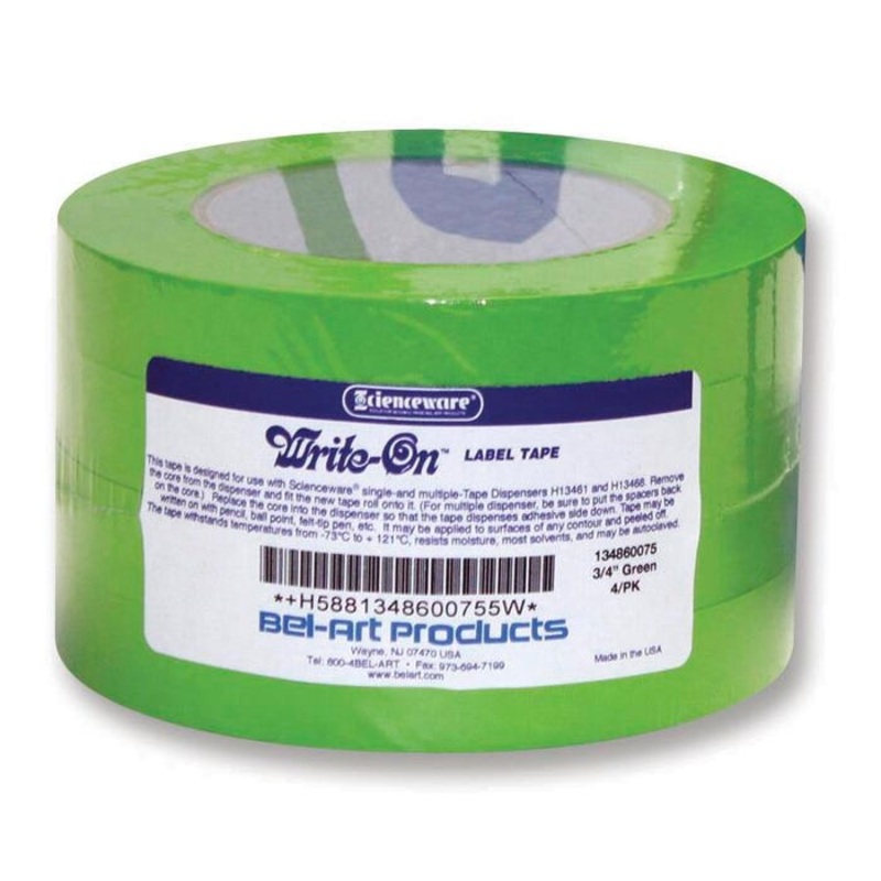 Scienceware Write-On Label Tape, 3/4 in X 40 yd, Green, Pack of 4