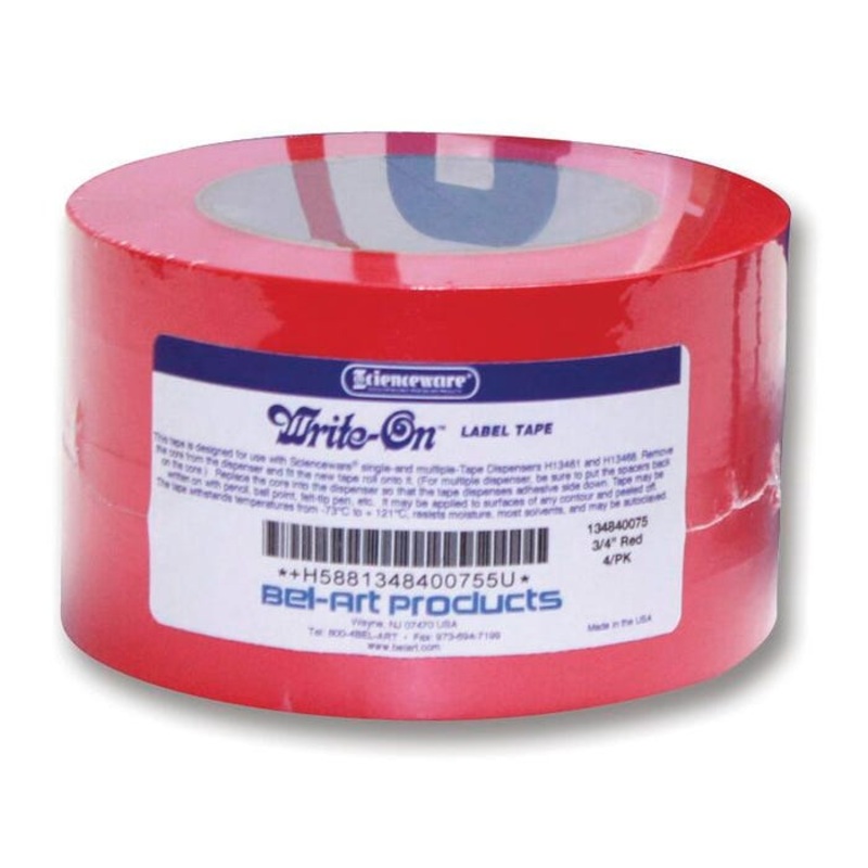 Scienceware Write-On Label Tape, 3/4 in X 40 yd, Red, Pack of 4
