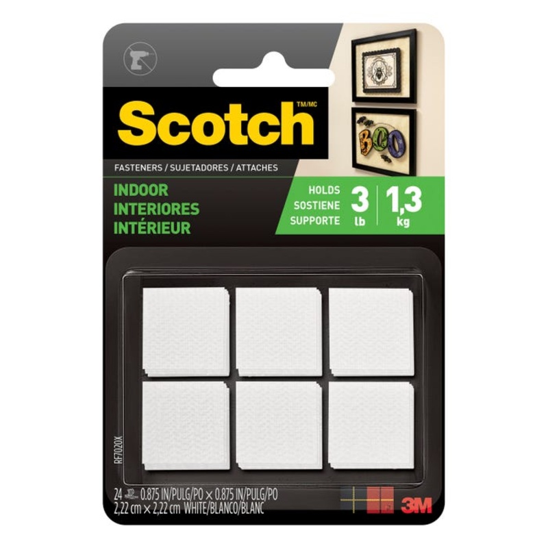Scotch Hook and Loop Multi-Purpose Fastener for Indoor/Outdoor, 7/8 W X 7/8 L in, 1 lb, White, Pack of 24