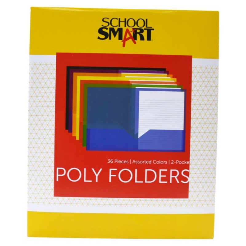 School Smart 2-Pocket Poly Folders, Assorted Colors, Pack of 36