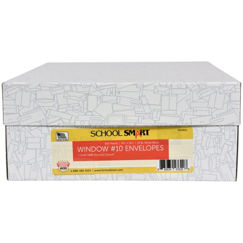 School Smart Kwik-Tak Security Window Envelope, No. 10, White, Box of 500