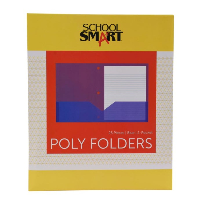 School Smart 2-Pocket Poly Folders, Letter Size 3-Hole Punched, Blue, Pack of 25