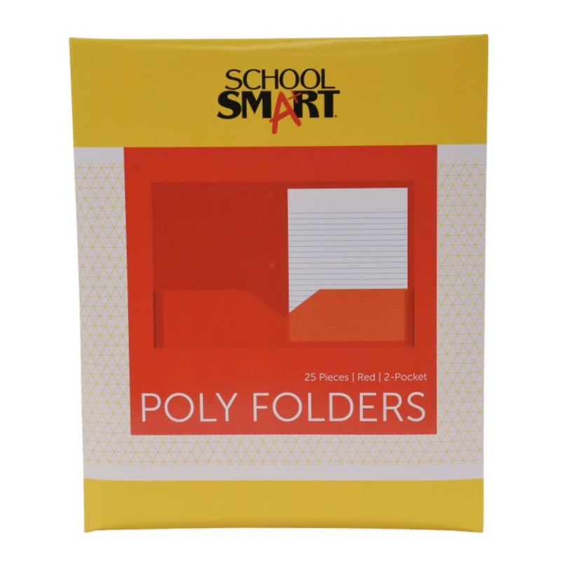 School Smart 2-Pocket Poly Folders, Letter Size, 3-Hole Punched, Red, Pack of 25