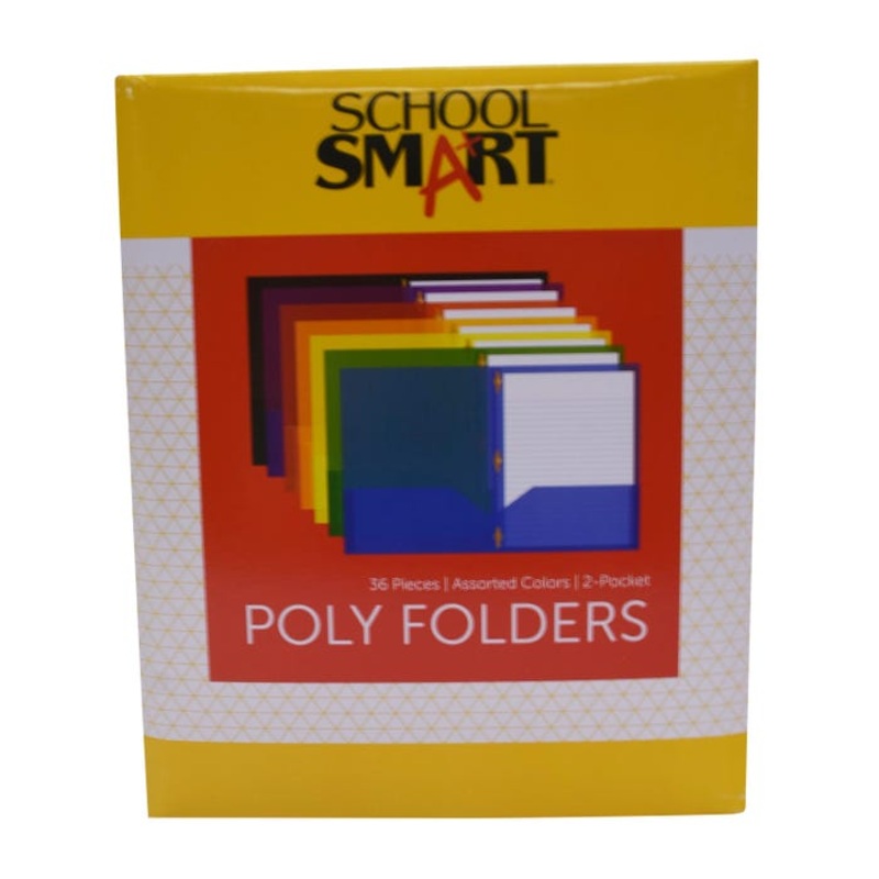 School Smart 2-Pocket Poly Folders with Fasteners, Assorted Colors, Pack of 36
