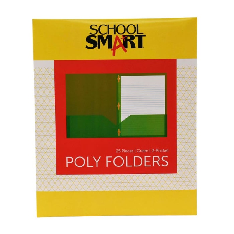 School Smart 2-Pocket Poly Folders with Fasteners, Green, Pack of 25
