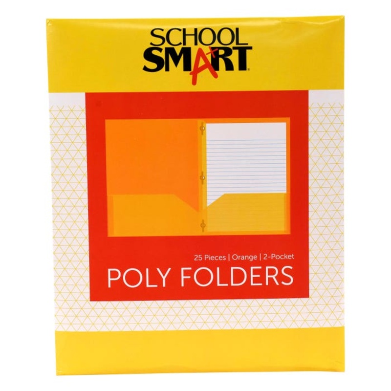 School Smart 2-Pocket Poly Folders with Fasteners, Letter Size, Orange, Pack of 25
