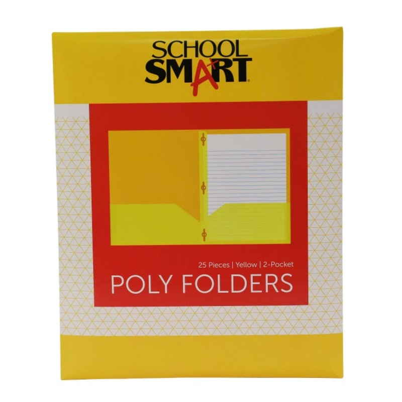 School Smart 2-Pocket Poly Folders with Fasteners, Yellow, Pack of 25