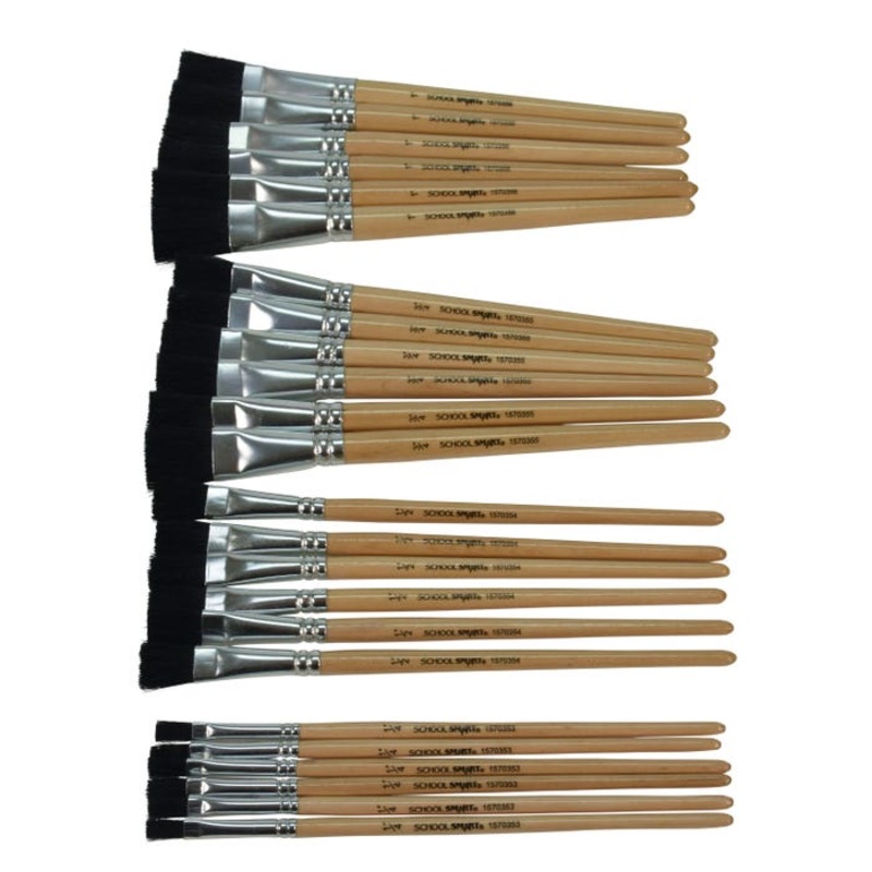 School Smart Black Bristle Paint Brushes, Short Handle, Assorted Sizes, Set of 24
