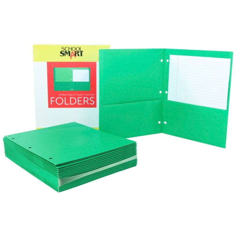 School Smart 2-Pocket Folders, Letter Size, 3 Hole Punched, Green, Pack of 25