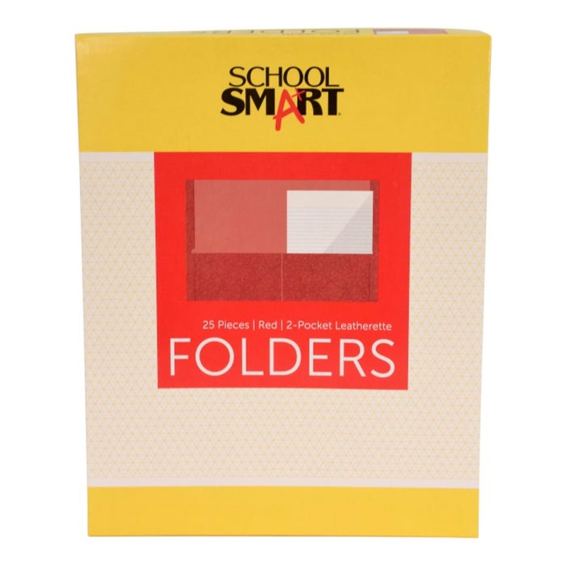 School Smart Extra-Large Folders with Pockets, 9 x 12 Inches, Red, Pack of 25