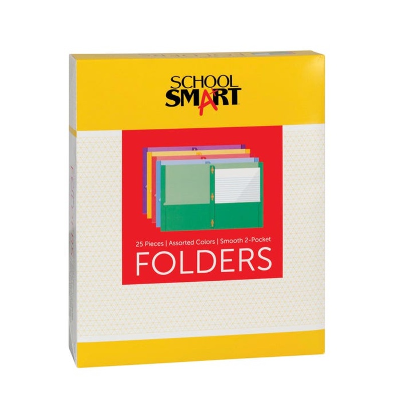 School Smart Smooth 2-Pocket Folder with Fasteners, Assorted Colors, Pack of 25