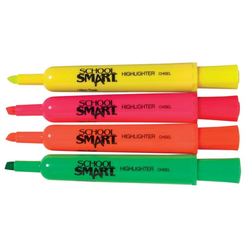 School Smart Tank Style Highlighters, Chisel Tip, Assorted Colors, Pack of 20
