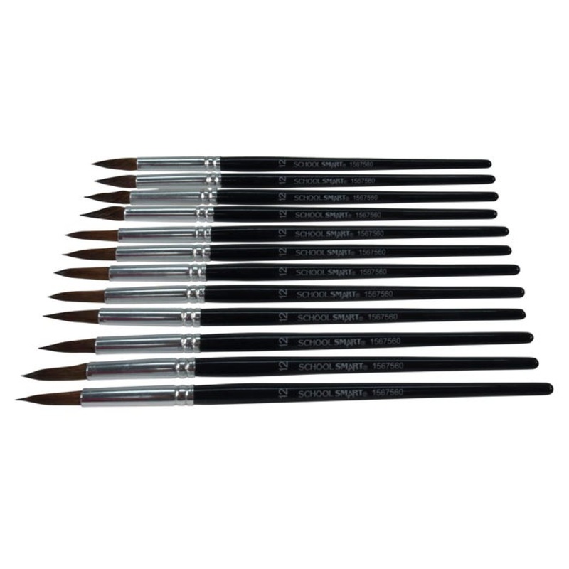 School Smart Watercolor Paint Brushes, Short Handle, Size 12, Set of 12