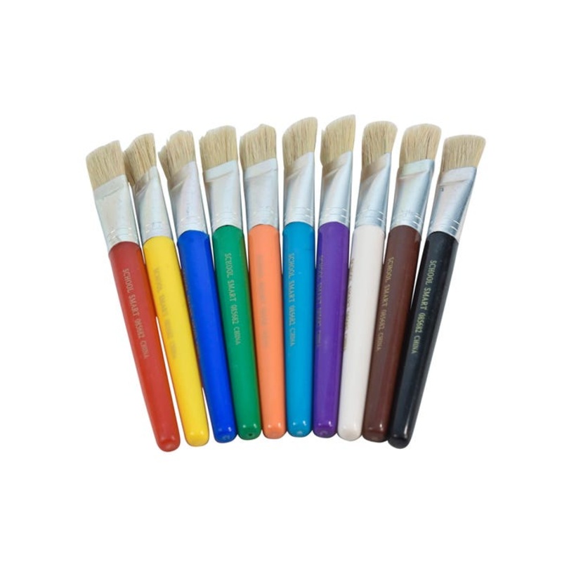 School Smart Chubby Paint Brushes, Flat Tip with Hog Bristles, 7-1/2 Inches, Assorted Colors, Set of 10