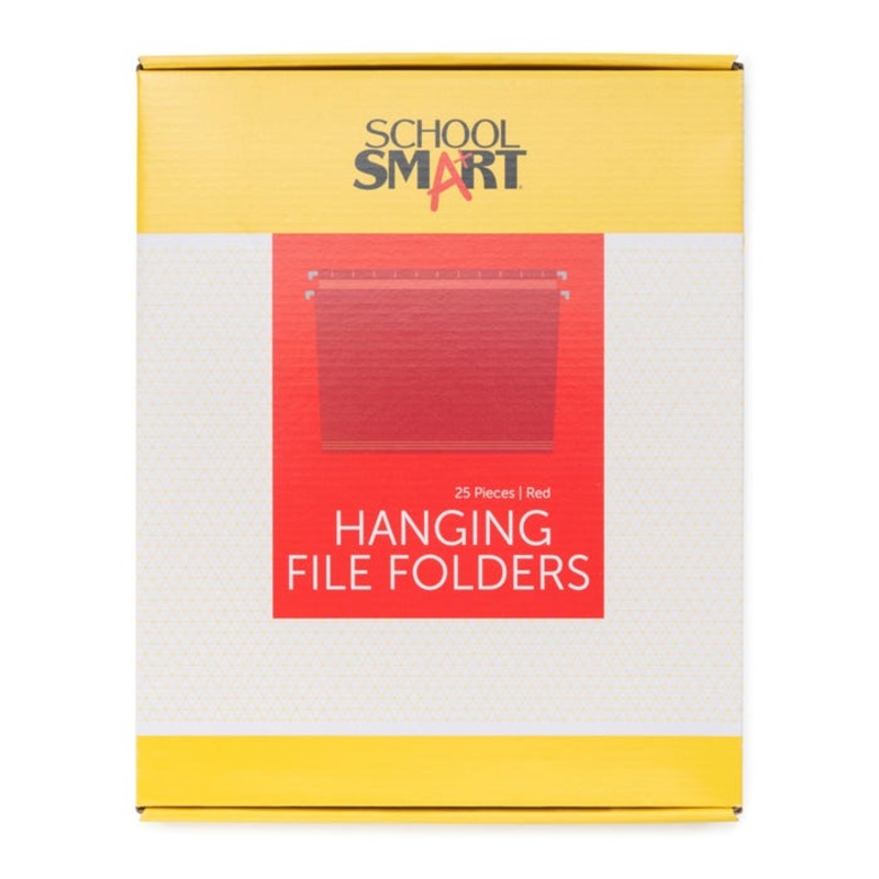School Smart Hanging File Folders, Letter Size, 1/5 Cut Tabs, Red, Pack of 25