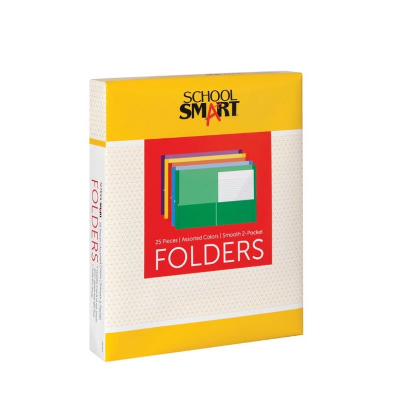 School Smart Smooth 2-Pocket Folders, Assorted Colors, Pack of 25