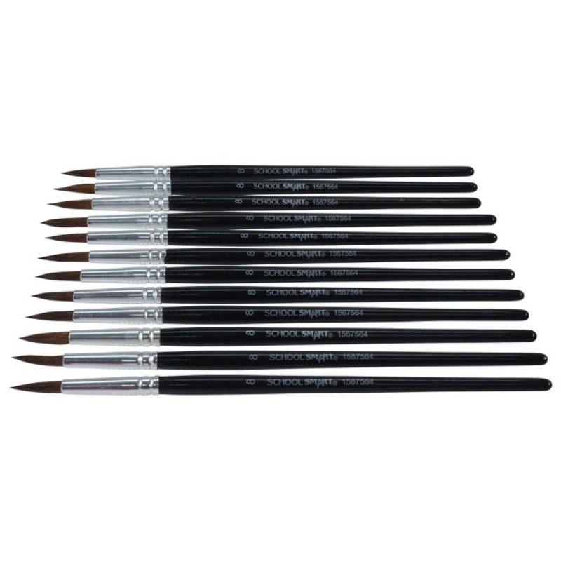 School Smart Watercolor Paint Brushes, Short Handle, Size 8, Set of 12