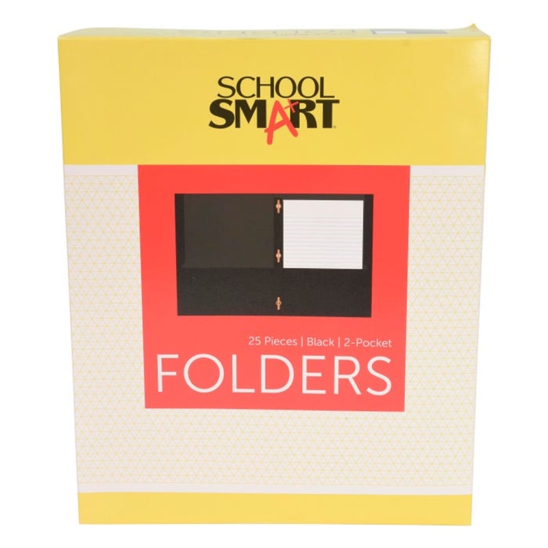 School Smart 2-Pocket Folders with Fasteners, Black, Pack of 25