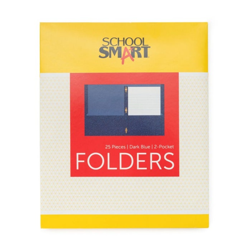 School Smart 2-Pocket Folders with Fasteners, Dark Blue, Pack of 25