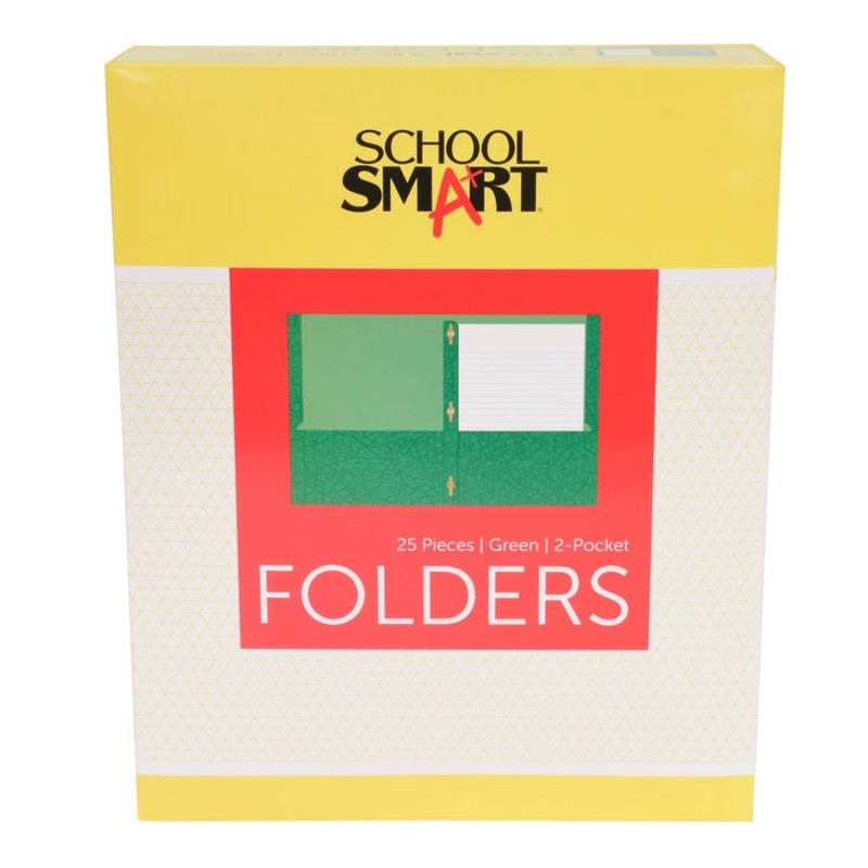 School Smart 2-Pocket Folders with Fasteners, Green, Pack of 25