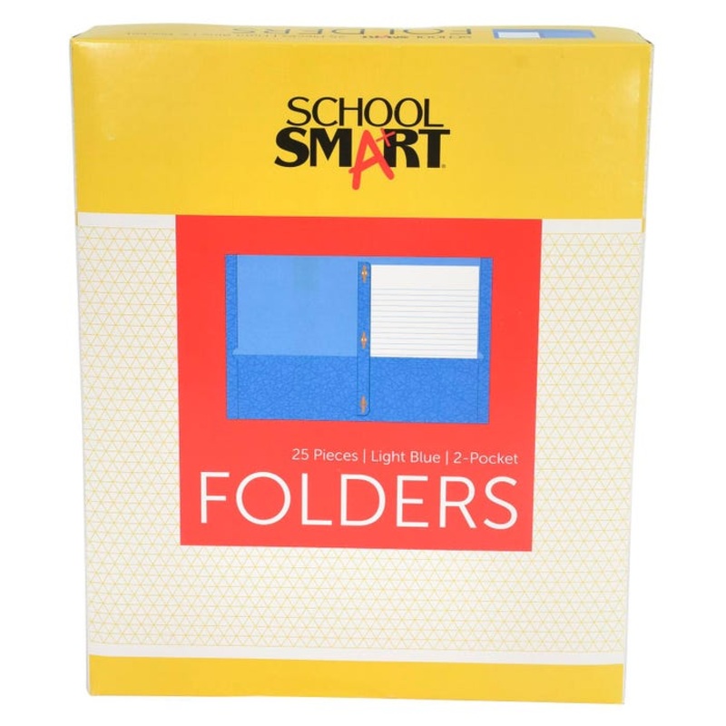 School Smart 2-Pocket Folders with Fasteners, Light Blue, Pack of 25