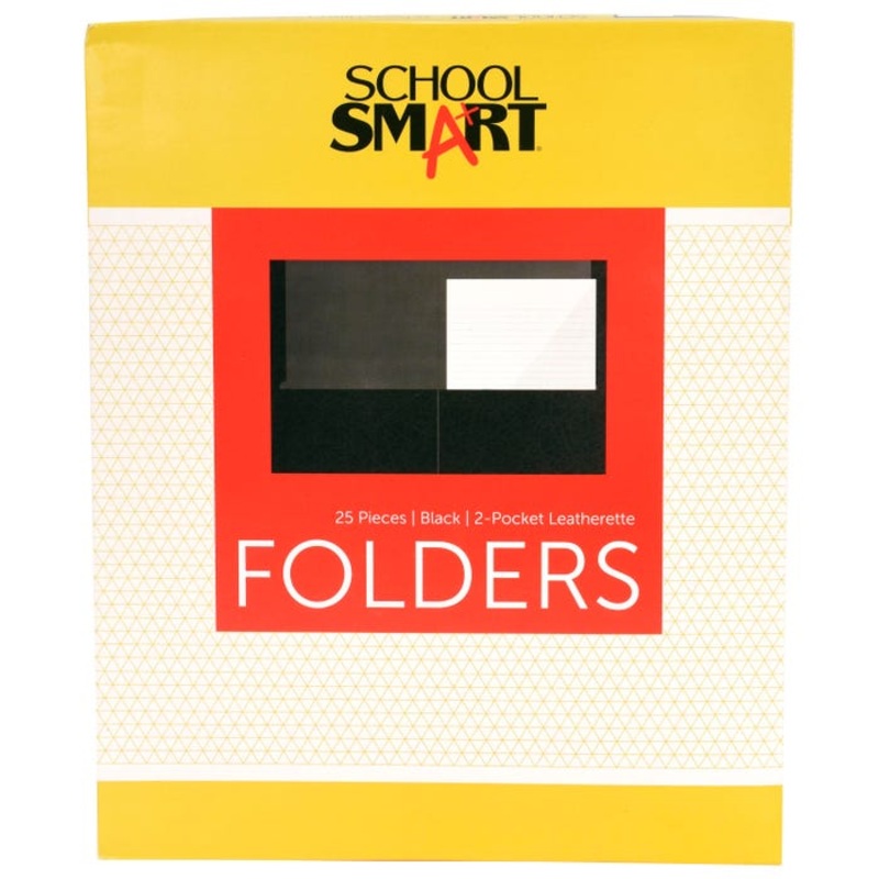School Smart 2-Pocket Folders with No Brads, Black, Pack of 25