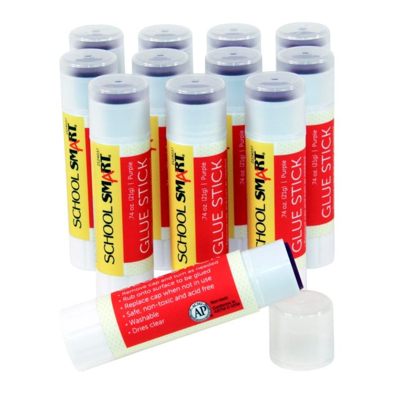 School Smart Glue Sticks, 0.74 Ounces, Purple and Dries Clear, Pack of 12