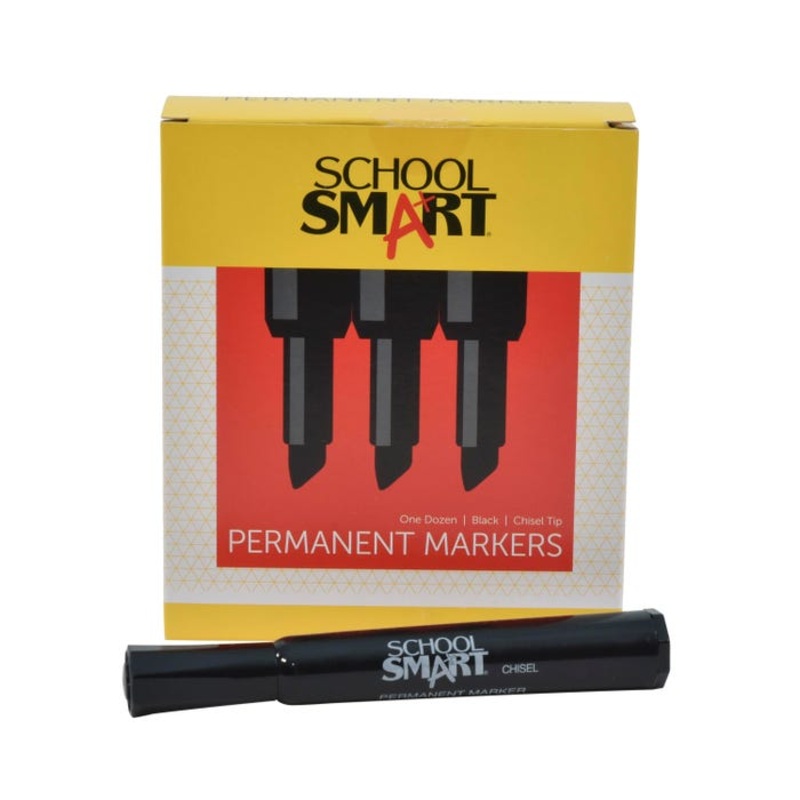 School Smart Non-Toxic Permanent Markers, Broad Chisel Tip, Black, Pack of 12