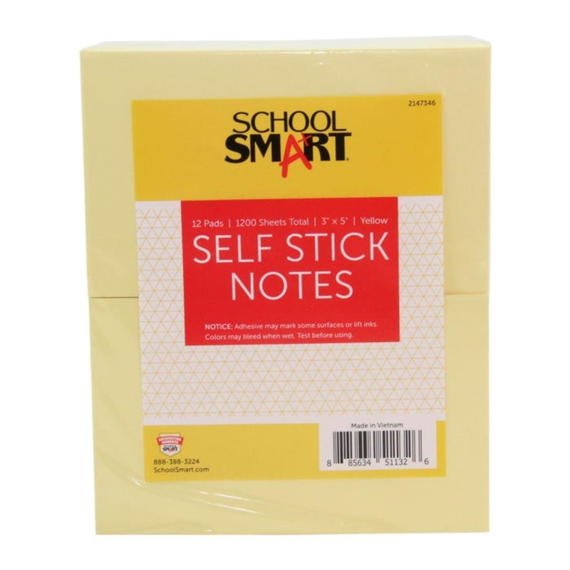 School Smart Removable Self-Stick Adhesive Notes, 3 x 5 Inches, Yellow, 100 Sheets/Pad, Pack of 12