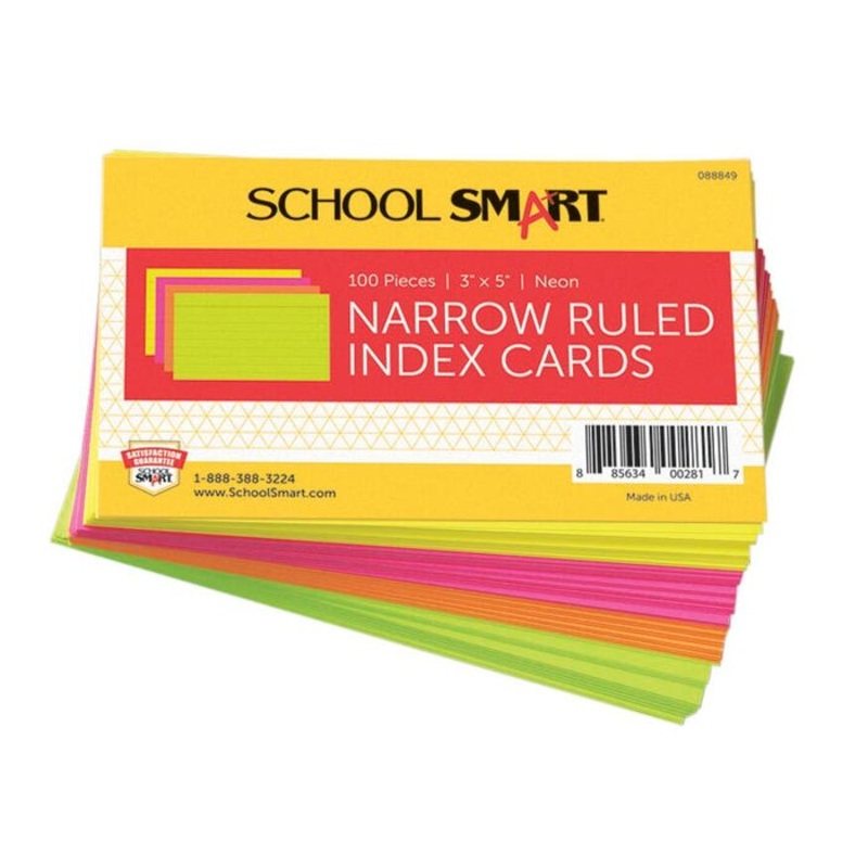 School Smart Ruled Index Cards, 3 x 5 Inches, Assorted Neon, Pack of 100