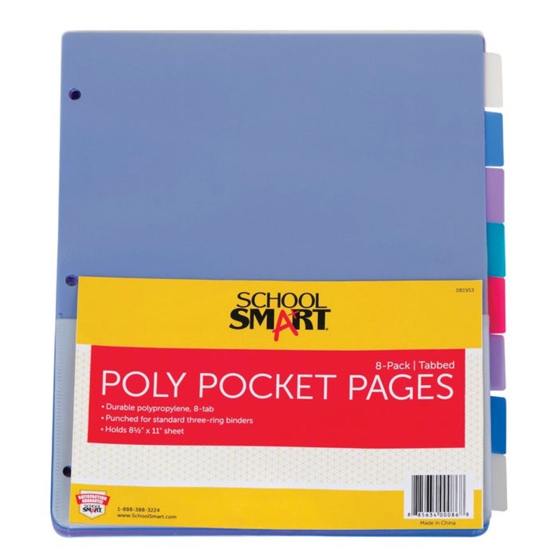 School Smart Tabbed Poly Binder Pocket Page, Assorted Colors, 1 Set of 8