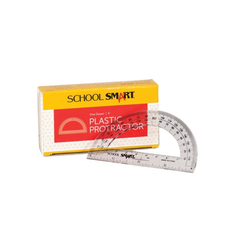 School Smart Plastic Protractor 180 Degrees, 4 Inch Ruler Base, Clear, Pack of 12