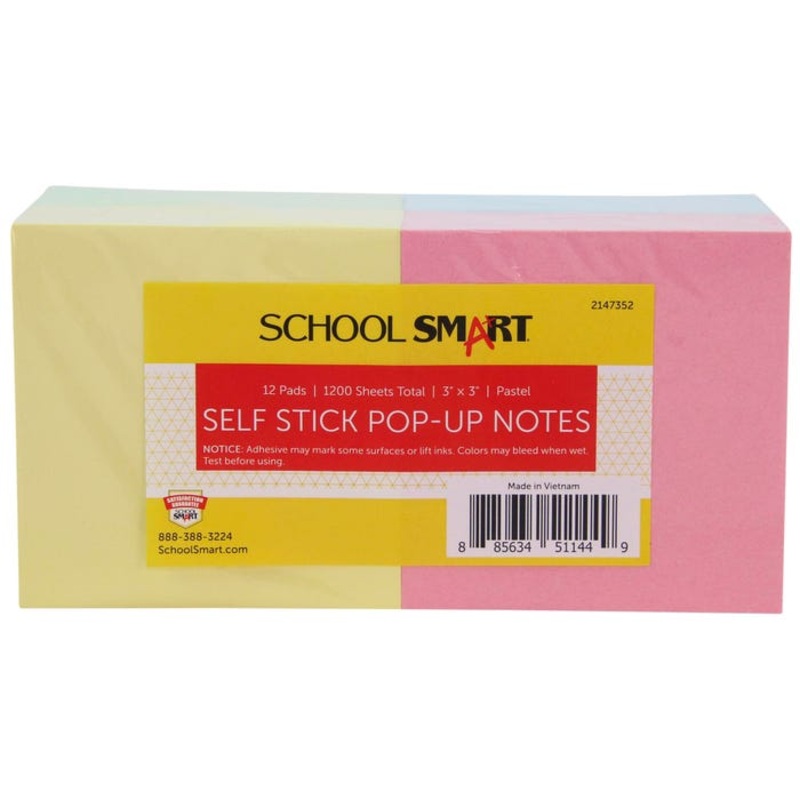 School Smart Pop-Up Self-Stick Adhesive Notes, 3 x 3 Inches, Assorted Pastel Colors, 100 Sheets/Pad, Pack of 12