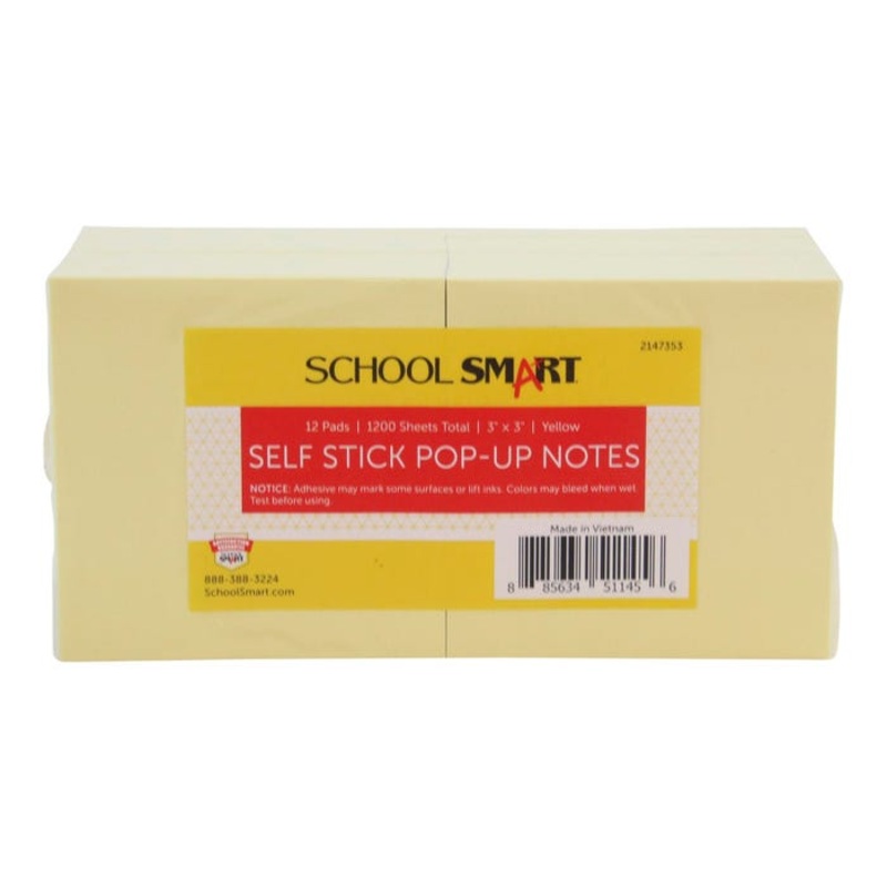 School Smart Pop-Up Self-Stick Adhesive Notes, 3 x 3 Inches, Yellow, 100 Sheets/Pad, Pack of 12