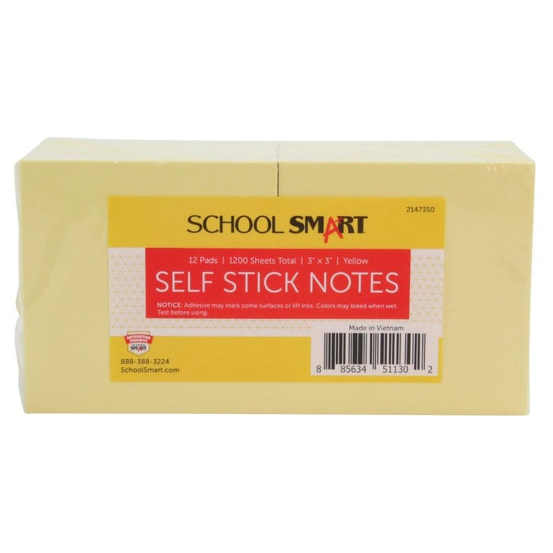 School Smart Removable Self-Stick Adhesive Notes, 3 x 3 Inches, Yellow, 100 Sheets/Pad, Pack of 12