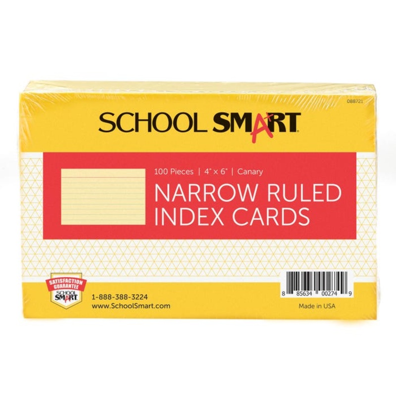 School Smart Ruled Index Card, 4 x 6 Inches, Canary, Pack of 100