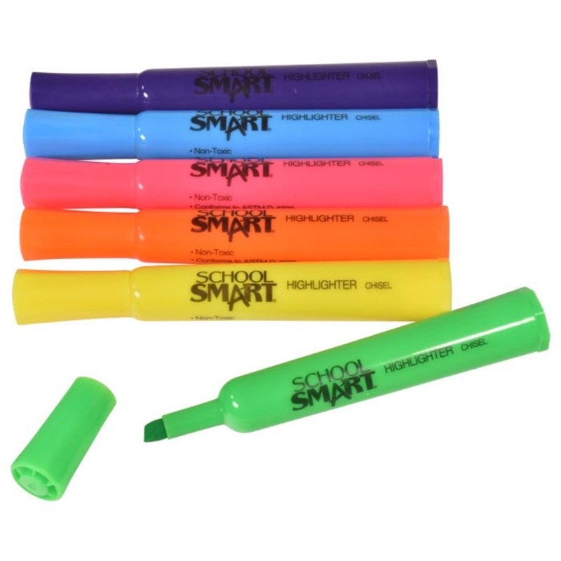 School Smart Tank Style Highlighters, Chisel Tip, Assorted Colors, Pack of 6
