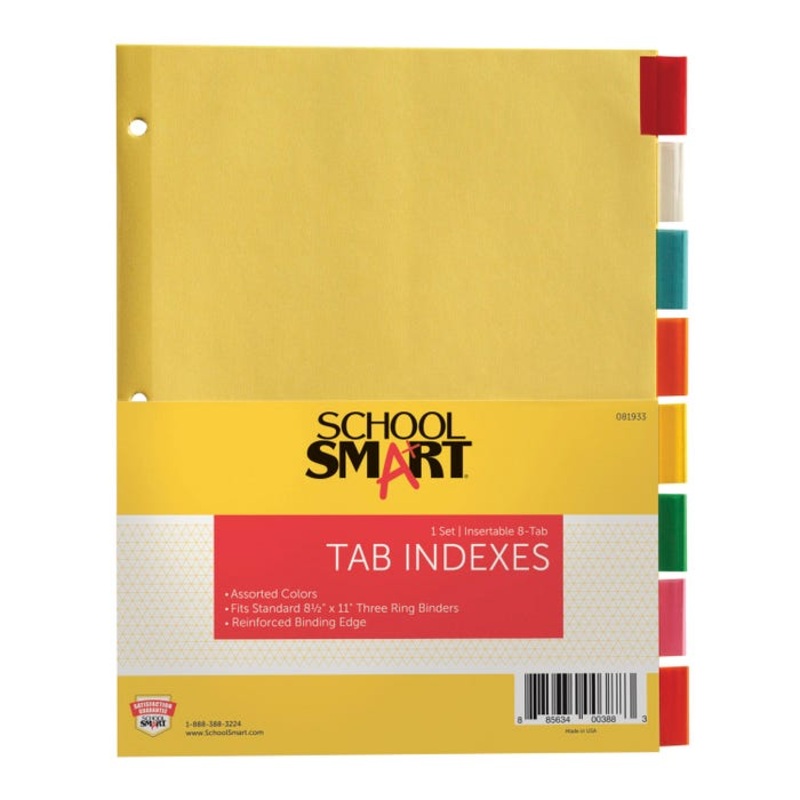 School Smart 8 Tab Index Paper Dividers, Assorted Colors