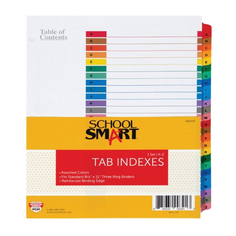 School Smart A-Z Tab Index Paper Dividers, Assorted Colors