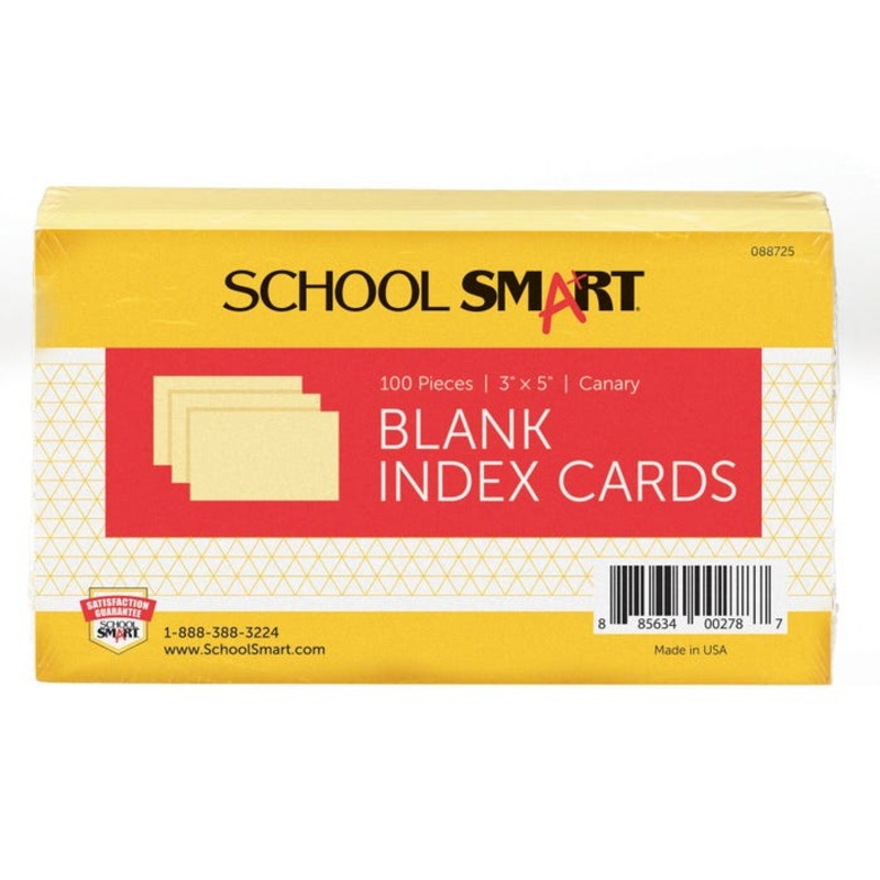 School Smart Blank Plain Index Card, 3 x 5 Inches, Canary, Pack of 100