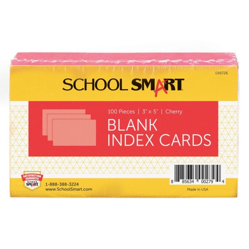 School Smart Blank Plain Index Card, 3 x 5 Inches, Cherry, Pack of 100