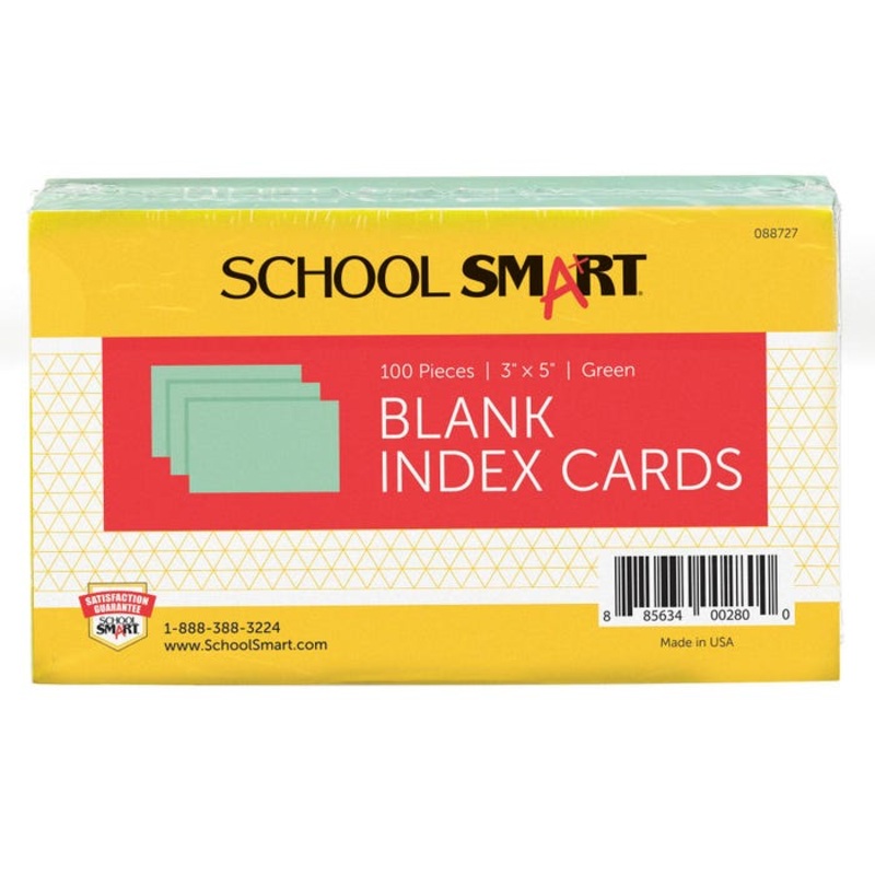 School Smart Blank Plain Index Card, 3 x 5 Inches, Green, Pack of 100